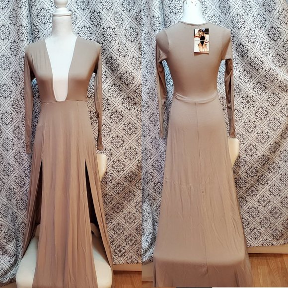 naked wardrobe Dresses & Skirts - NEW Tan Long Sleeves Deep V-Neck Maxi Dress